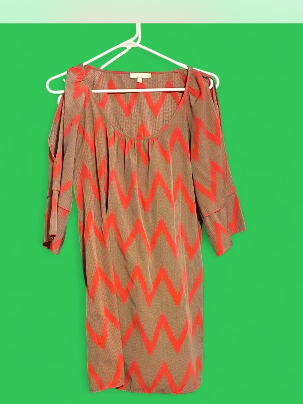 Gorgeous Glam Dress with Coral Zig Zag Lines & Small Green Dots, Size Small